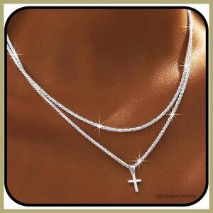925 Sterling Silver Layered Chain Necklace with Cross Pendant Waterproof